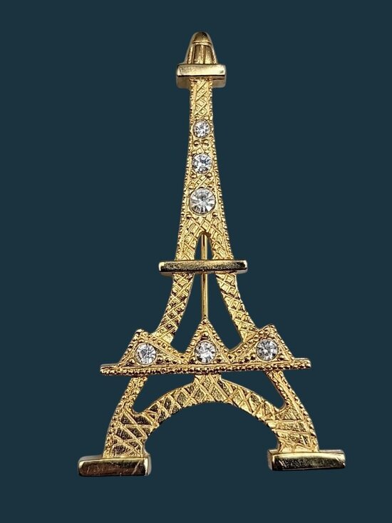 Unbranded Jewelry - Vintage Rhinestone Eiffel Tower Brooch Gold Tone Open Work Cross Stitch Paris